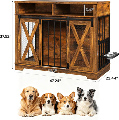 47" Large Dog Crate, Wooden Dog Kennel Furniture with Storage & Adjustable Bowl & Sliding Barn Door, Heavy Duty Dog Crates for Large Dogs, Indoor Decorative Dog Cage, Brown