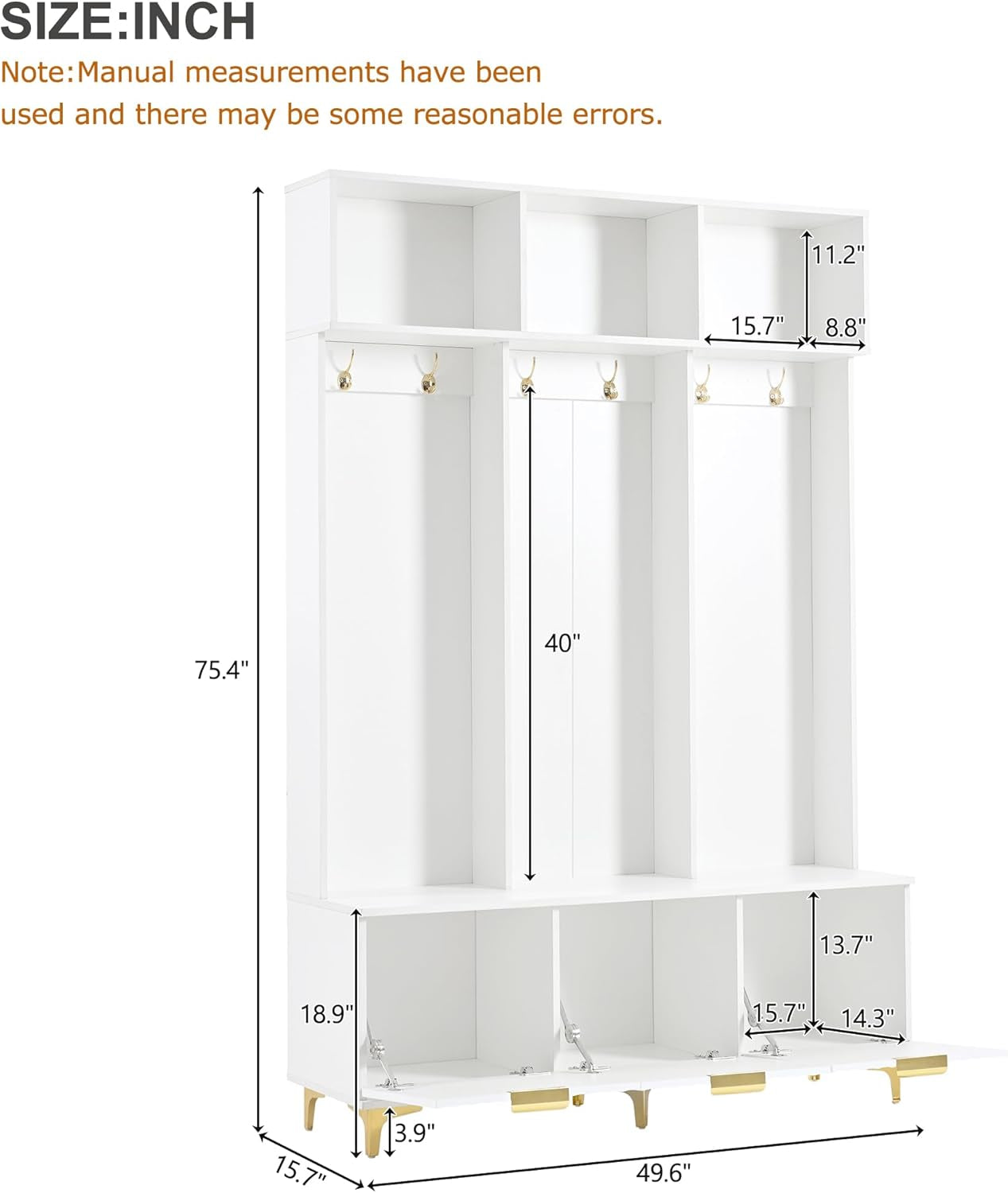 49.6" Hall Tree with Bench and Shoe Storage,Modern Entryway Cabinet with High Gloss Fluted Doors & Open Shelves,5-In-1 Coat Rack W/ 6 Gold Hooks and Legs for Hallway,White