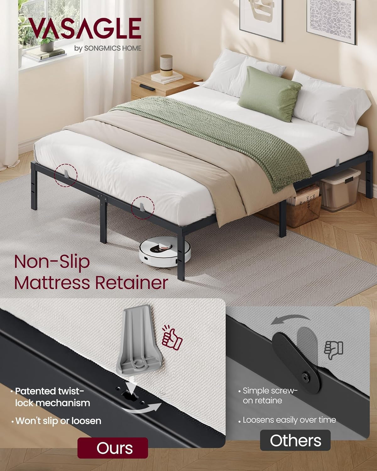 VASAGLE Queen Metal Bed Frame 14 Inches Tall, 1100 Lb Weight Capacity, No Box Spring Needed, with Under-Bed Storage, Easy Setup, Heavy-Duty Platform Bed, Mattress Retainers, Matte Black URMB651BD02S