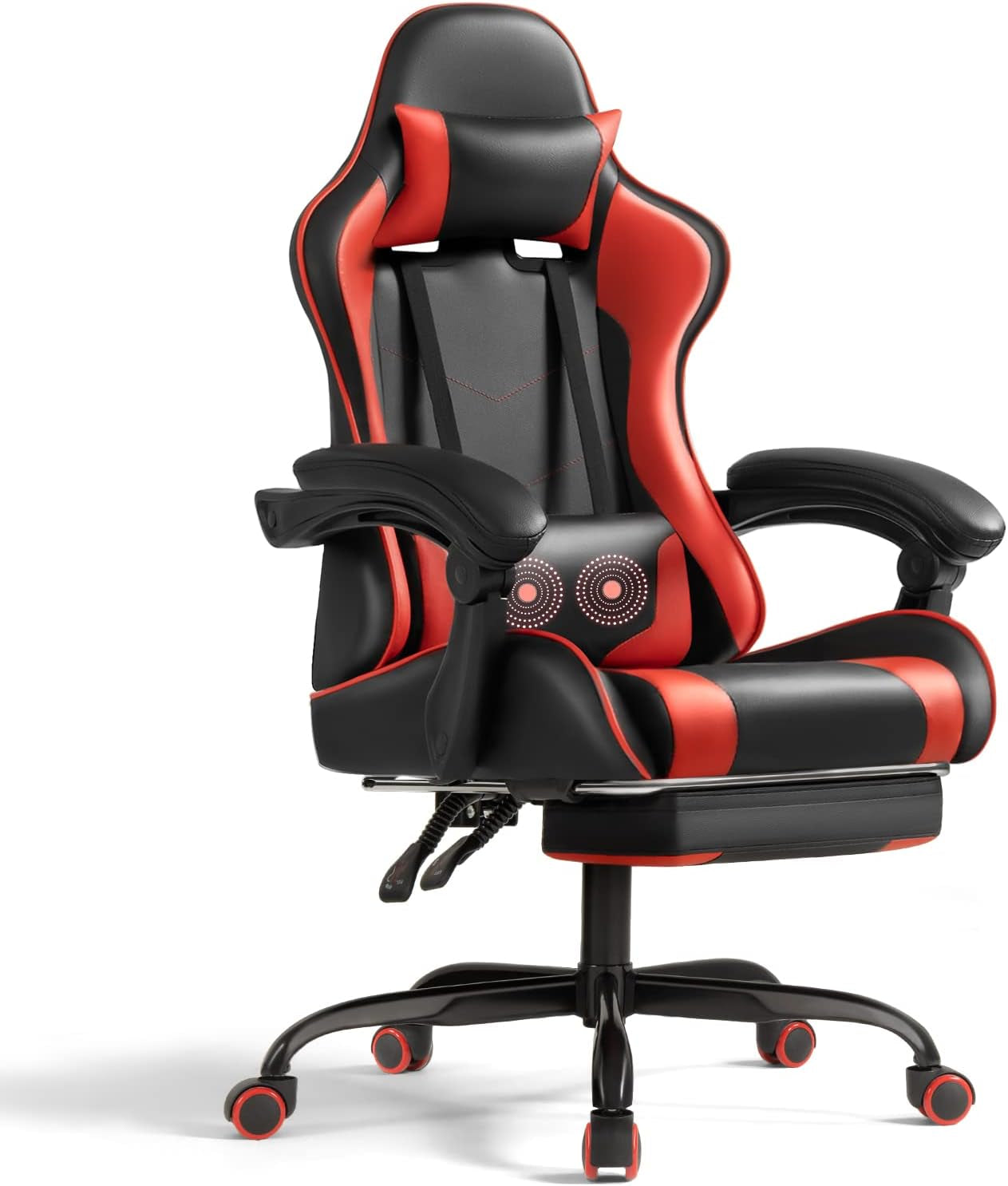 Gaming Chair with Footrest and Massage Lumbar Support, Ergonomic Computer Chairs 360°Swivel and Height Adjustable Seat with Headrest for Office or Bedroom, Study Room, Red