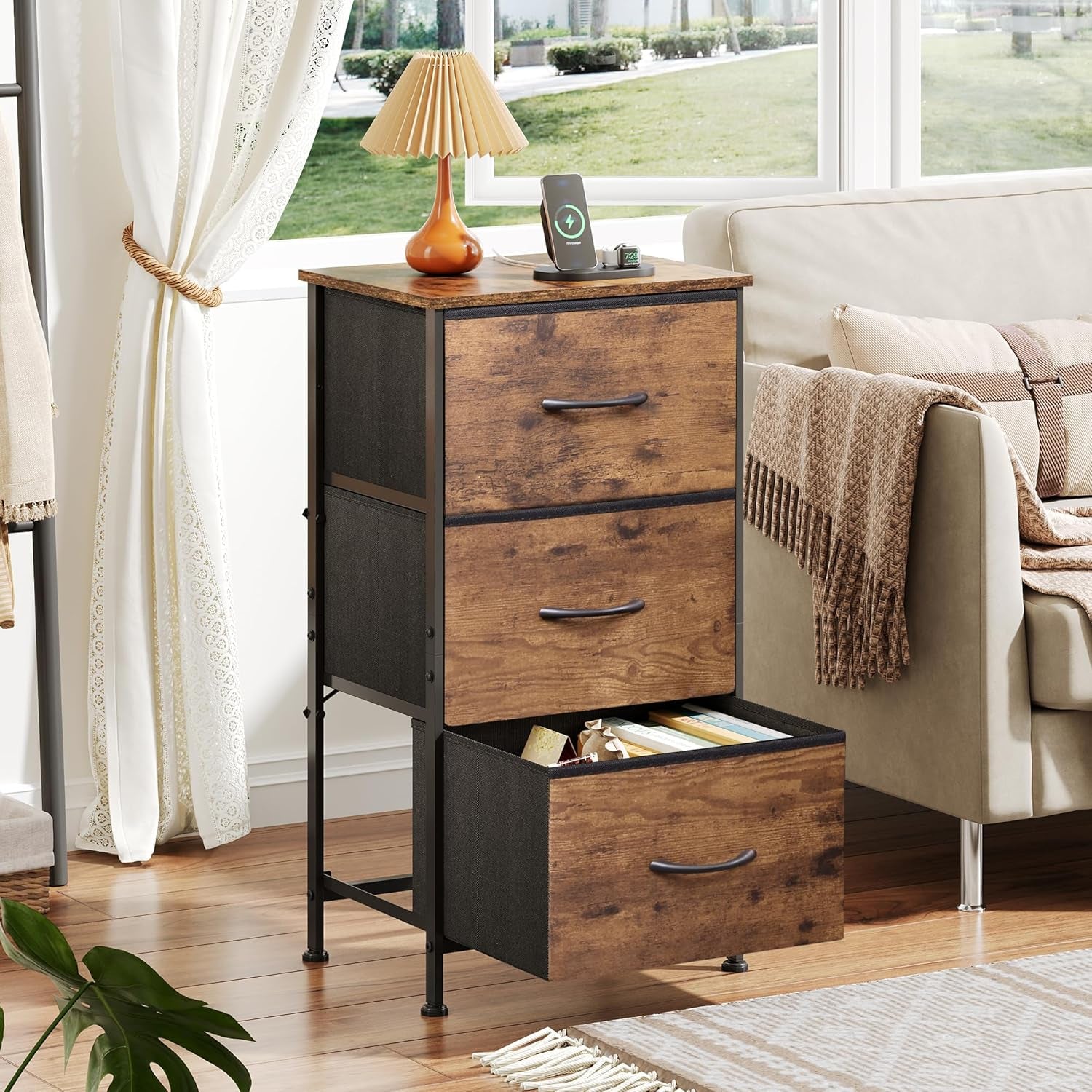Dresser with 3 Drawers, Fabric Nightstand, Organizer Storage Dresser for Bedroom, Hallway, Entryway, Closets, Sturdy Steel Frame, Wood Top, Easy Pull Handle, Rustic Brown Wood Grain Print