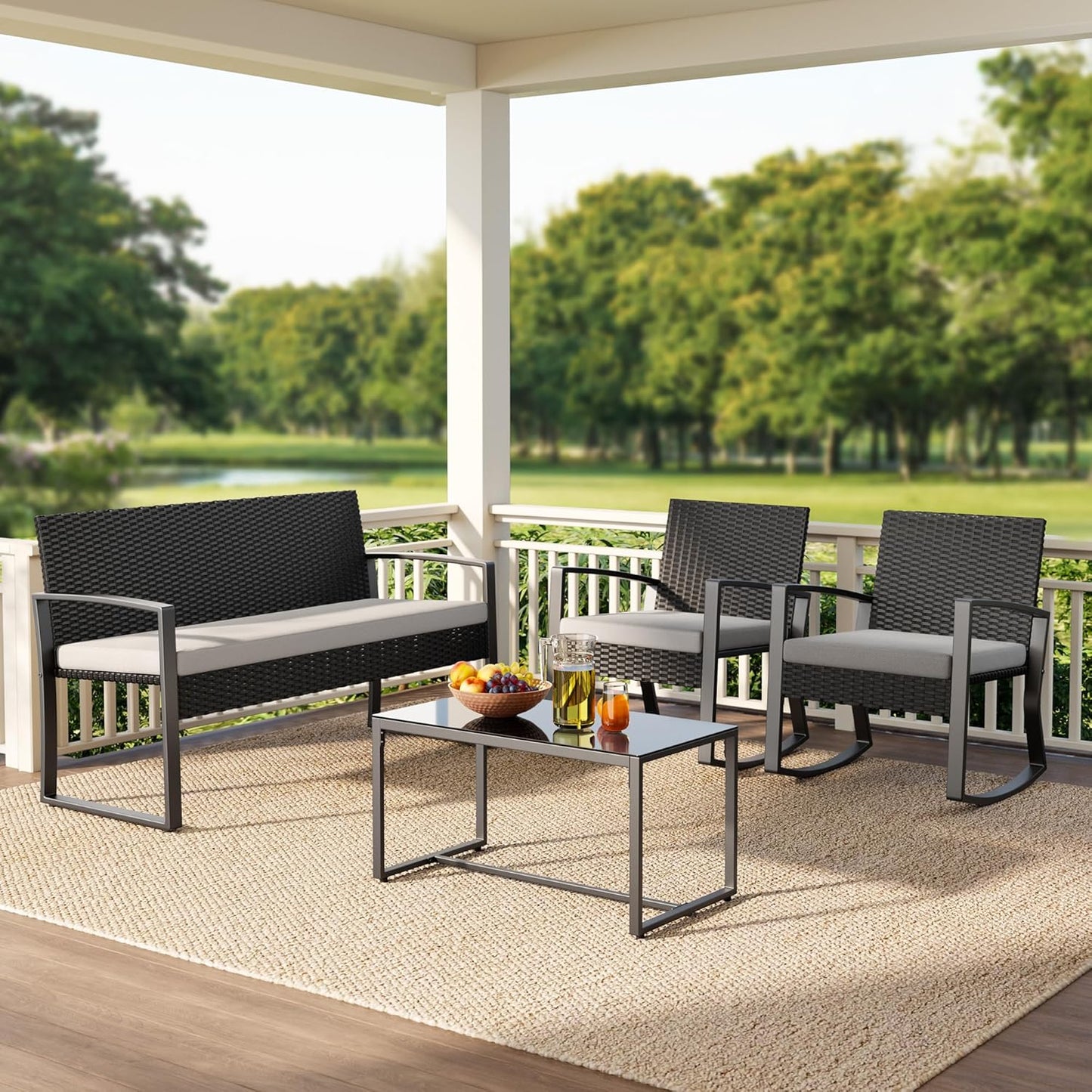 4 Piece Outdoor Patio Furniture Set, Wicker Patio Furniture with Glass Coffee Table, Rocking Wicker Bistro Set, for Backyard, Poolside, Porch (Grey)