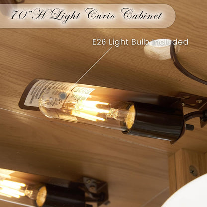 Corner Curio Cabinet, 70" H Lighted Glass Display Cage with Tempered Glass Doors and 5 Adjustable Shelves, Light Bulb Inclued, Wine Bar China Cabinet for Living Room (Light Oak)