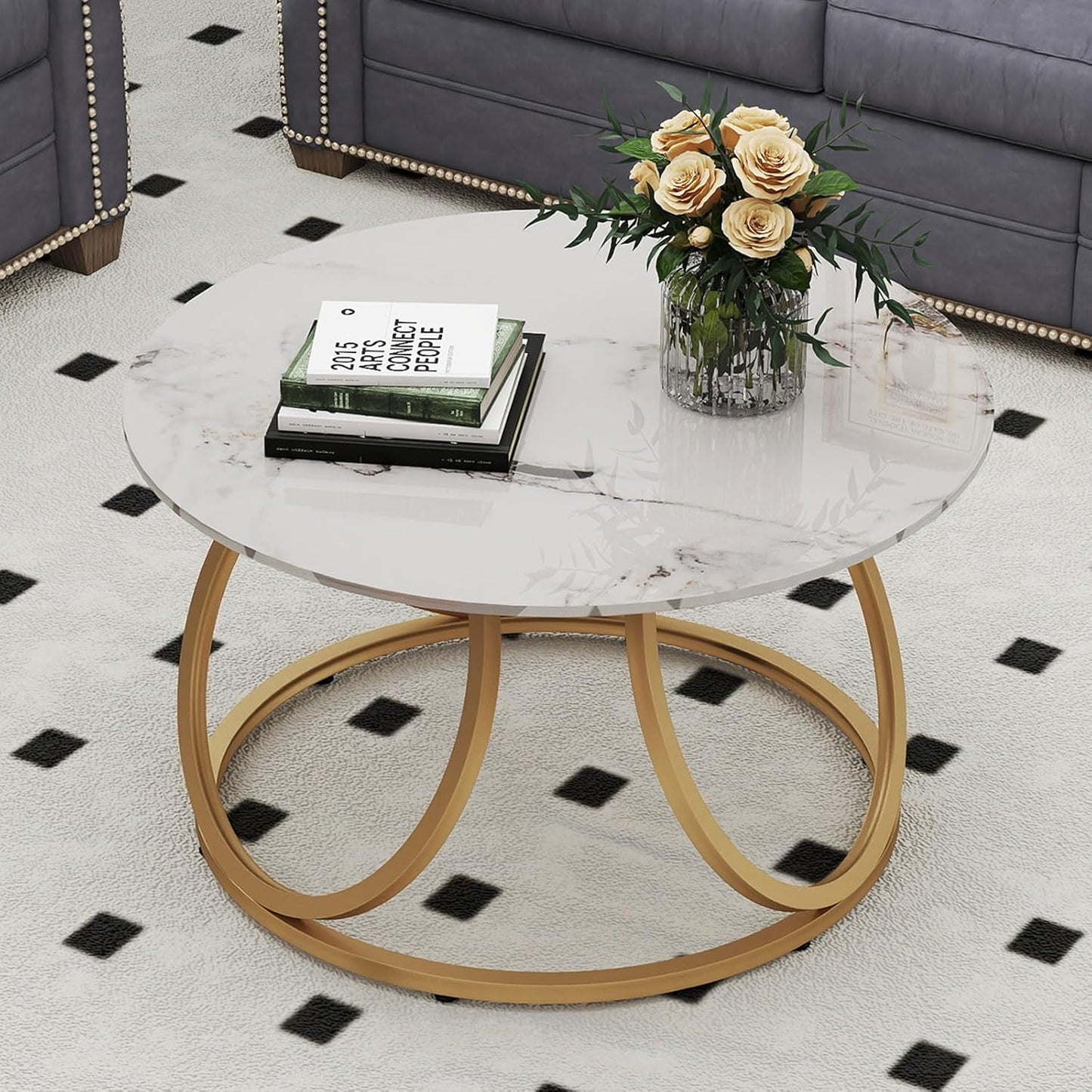round Coffee Table for Living Room, Modern Coffee Table with Marbling Natural Stone, Gold & White