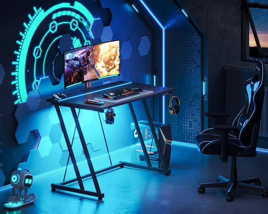 32 Inch Small Gaming Desk with LED Light, Computer Desk for Small Space, Gaming Table with Carbon Fiber Texture, Kids PC Desk Gift for Boys Men, Black