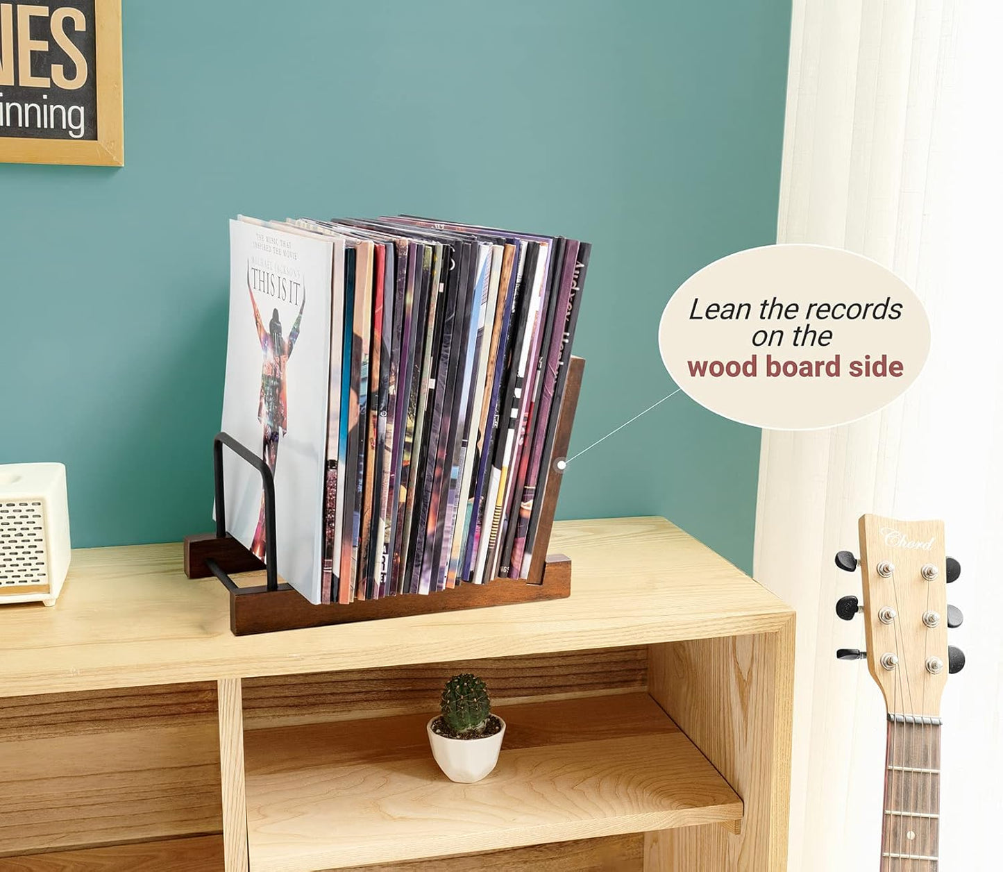 Vinyl Record Storage Holder Modern Album Display Solid Wood Stand with Black Metal Rack Farmhouse Home Decor Organizer for Vinyl Record, Holds up to 30 Albums, 11.8''L X 7''W X 8.7''H, Brown