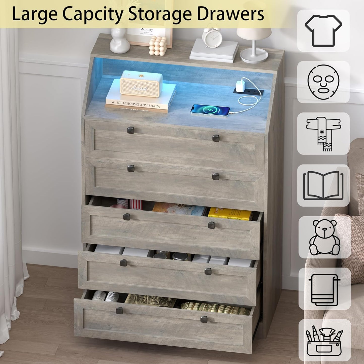 Grey Dresser Tall 5 Drawer Dresser for Bedroom, Wood Chest of Drawers with LED Lights, Charging Station, Metal Handles, Modern Storage Cabinet and Organizer Drawers for Living Room, Hallway