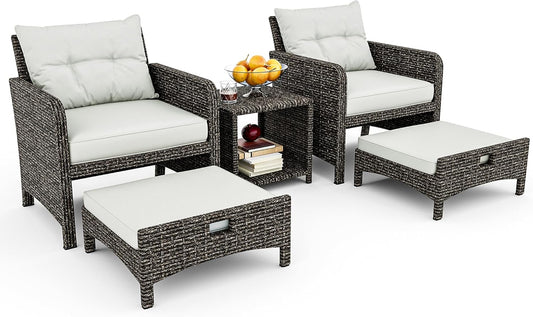 Outdoor Furniture 5 Piece Patio Conversation Set, Wicker Rattan Patio Set with Soft Cushions & Coffee Table, Balcony Furniturefor with 2 Ottoman for Porch, Garden, Lawn (Grey)