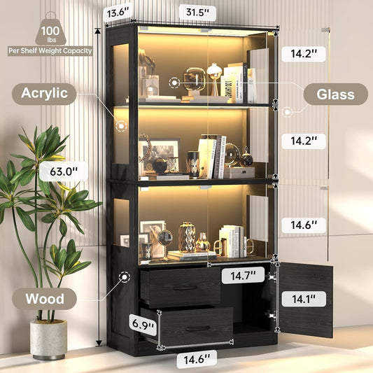 Display Cabinet with Glass Doors, 4-Tier Curio with 3-Color Lights & Human Body Sensor, Storage Cabinet with 3 Shelves & 2 Drawers for Living/Dining/Game Room, Black Oak