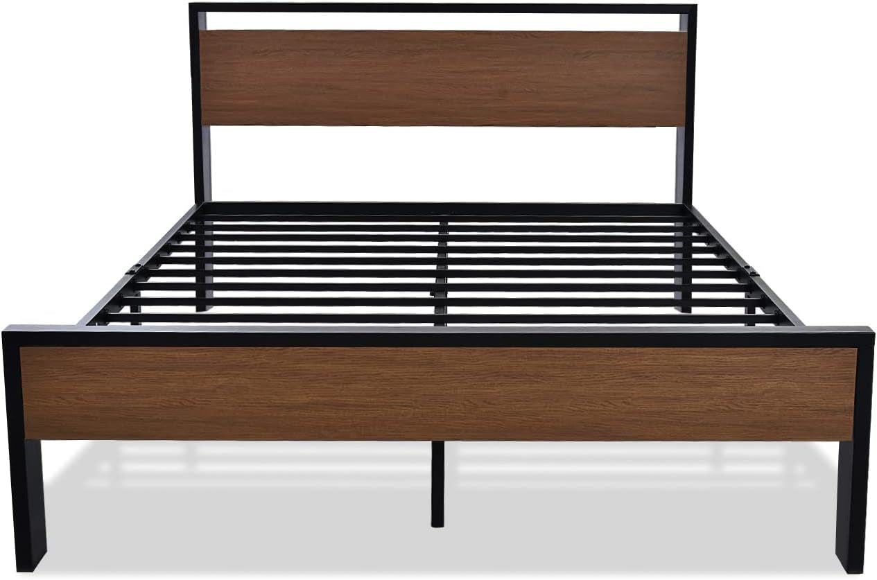 14 Inch Queen Size Metal Platform Bed Frame with Wooden Headboard and Footboard, Mattress Foundation, No Box Spring Needed, Large under Bed Storage, Non-Slip without Noise, Walnut