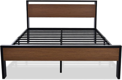 14 Inch Queen Size Metal Platform Bed Frame with Wooden Headboard and Footboard, Mattress Foundation, No Box Spring Needed, Large under Bed Storage, Non-Slip without Noise, Walnut