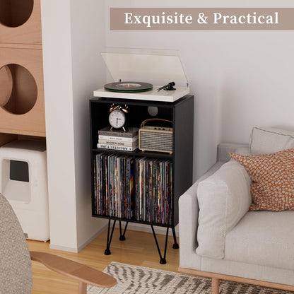 Record Player Stand, Turntable Stand Vinyl Record Storage Cabinet with Metal Legs, End Table Holds up to 120 Albums for Living Room, Bedroom, Office (Black)