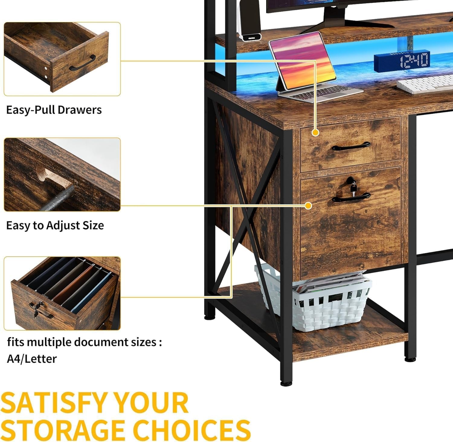 Computer Desk with Drawers & Hutch, 59.1" Office Desk with Power Outlets & LED Lights, Home Office Desk with Storage Shelves, Rustic Brown