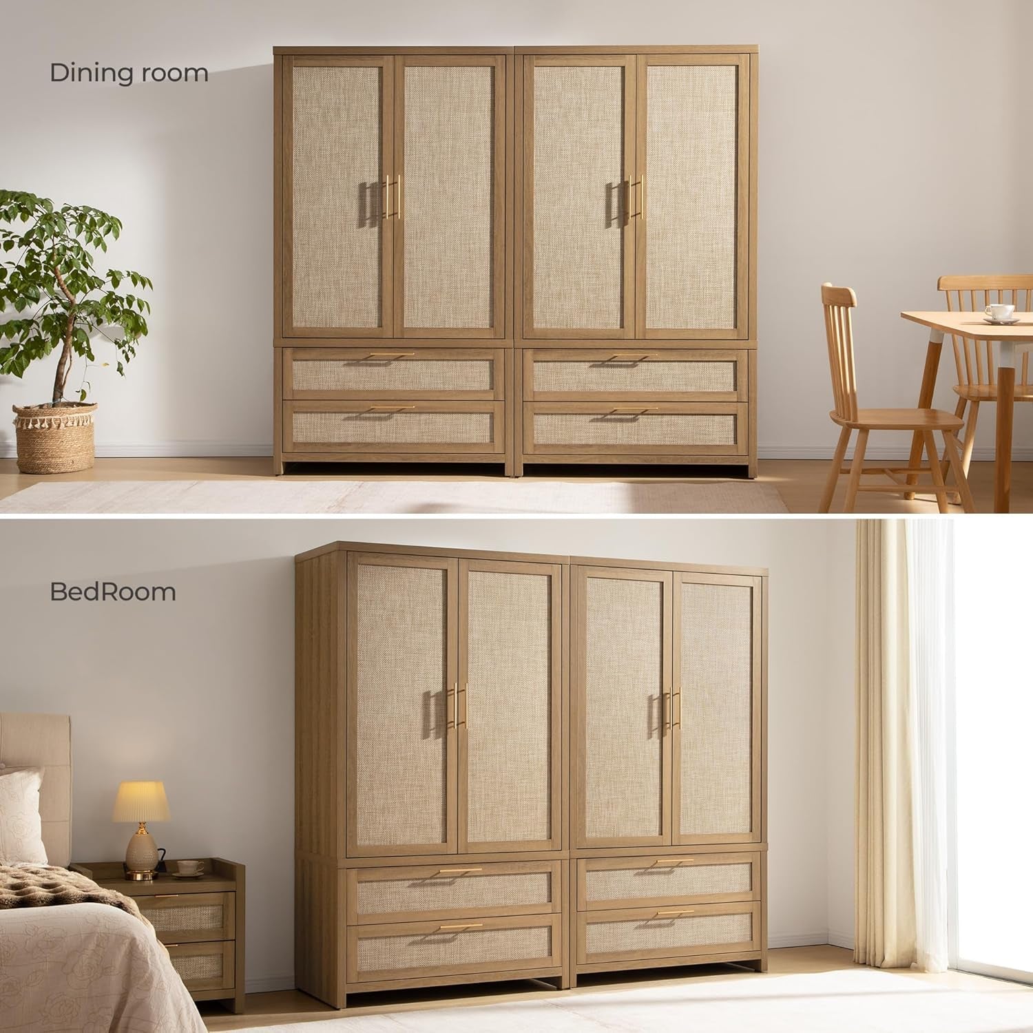 Rattan Armoire Wardrobe Closet Cabinet, 71" Tall Wardrobe Storage Cabinet with Doors, Larger Drawers and Hanging Rod, Boho Armoire Clothes Organizer for Bedroom, Laundry Room, Cloak Room, Oak
