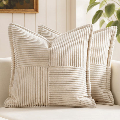Decorative Throw Pillow Covers for Couch Bed Livingroom 18X18 Inch Set of 2 Beige Boho Accent Throw Pllows Broadside Striped Patchwork Soft Corduroy Pillowcases