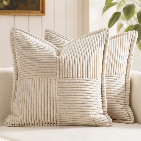 Decorative Throw Pillow Covers for Couch Bed Livingroom 18X18 Inch Set of 2 Beige Boho Accent Throw Pllows Broadside Striped Patchwork Soft Corduroy Pillowcases