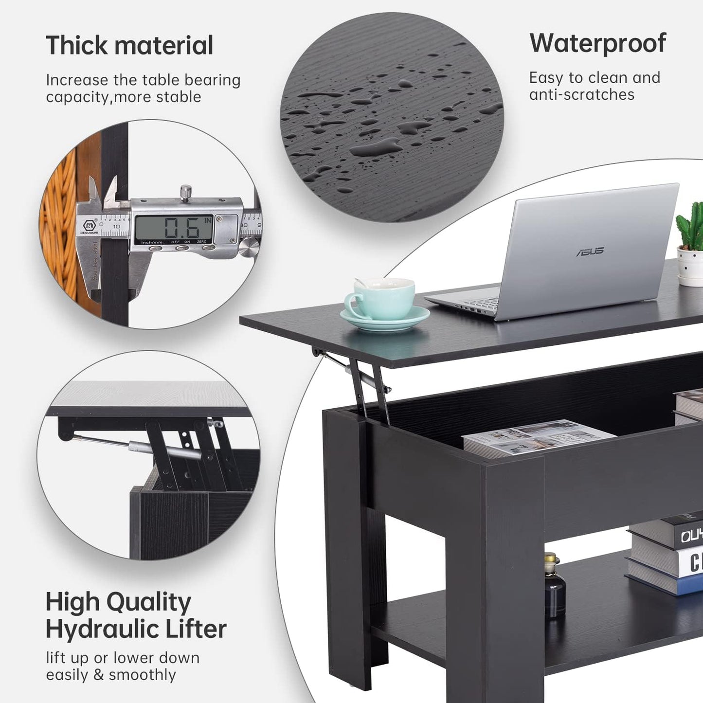 39.4" Lift Top Coffee Table with Hidden Compartment and Storage Shelf Wooden Lift Tabletop for Home Living Room Reception Room Office (Black)