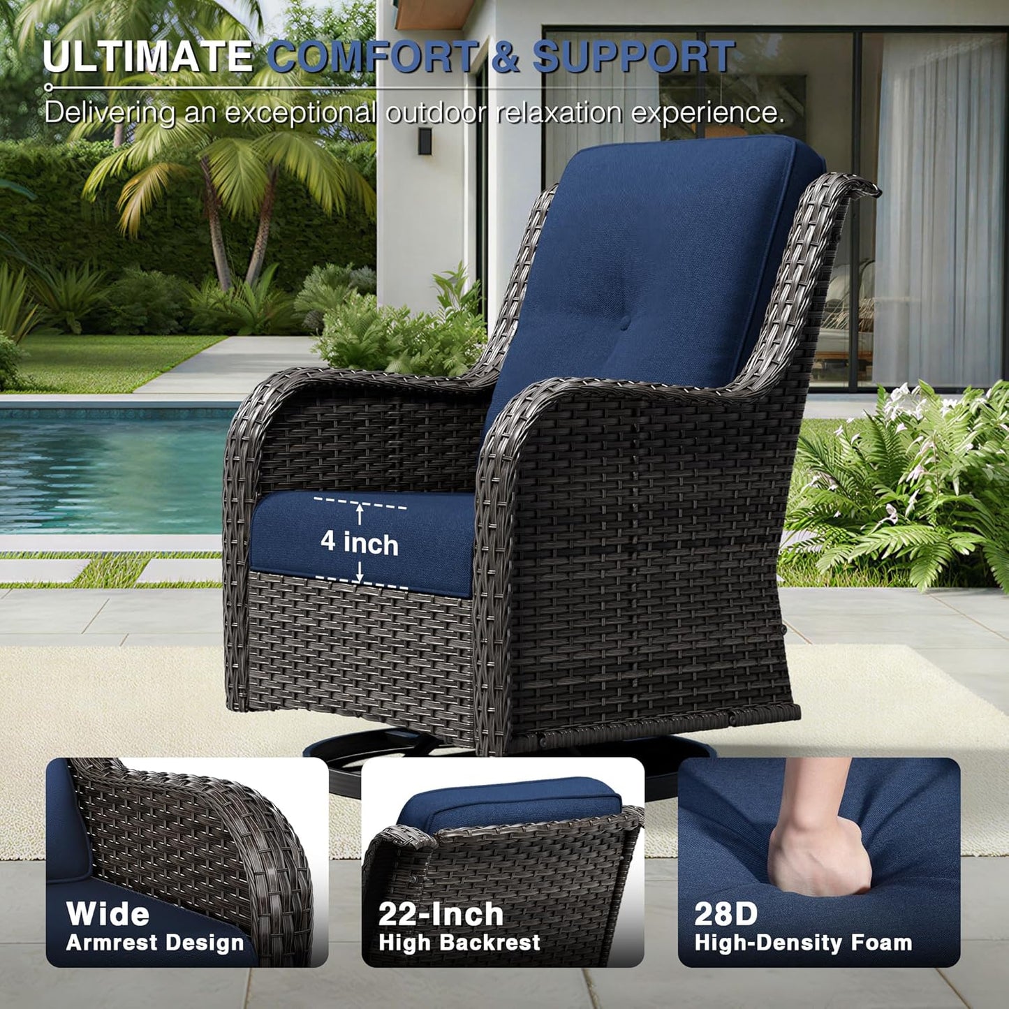 3 Piece Wicker Patio Furniture Set, Outdoor Swivel Rocker Patio Chairs with High Back, Deep Seating, Wide Armrest, Thickened Cushions, Outdoor Furniture for Deck, Porch Use