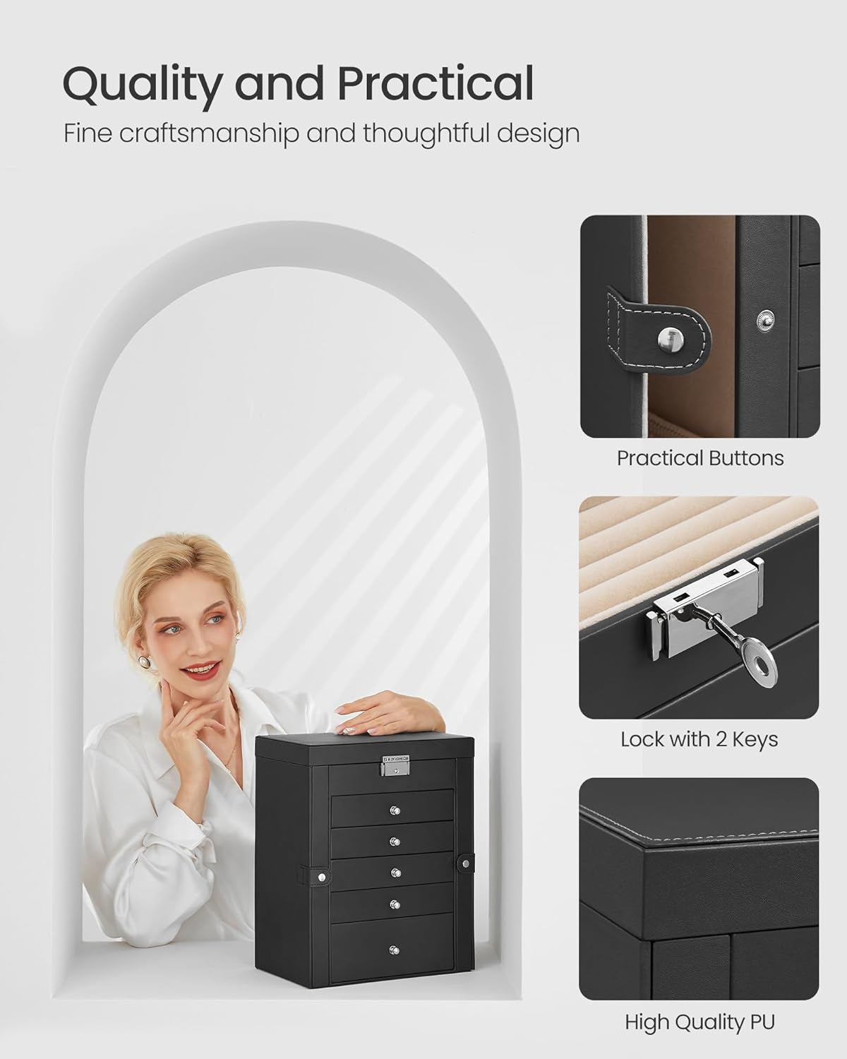 6 Tier Jewelry Box, Jewelry Storage Organizer with 5 Drawers, Large Storage Capacity, with Mirror, Lockable, Jewelry Case, Gift for Loved Ones, for Watches, Black UJBC152B01