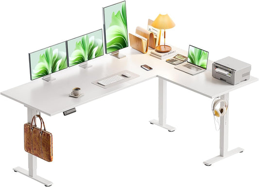 63 Inch Electric L-Shaped Standing Desk, Reversible Corner Desk with Height Adjustment, Large Ergonomic Workstation for Home Office, Reception Room, White