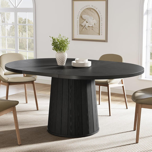Oval Dining Table for 6 People, 55.11-Inch Farmhouse Kitchen Dinner Table with Cylindrical Pedestal (All Black)