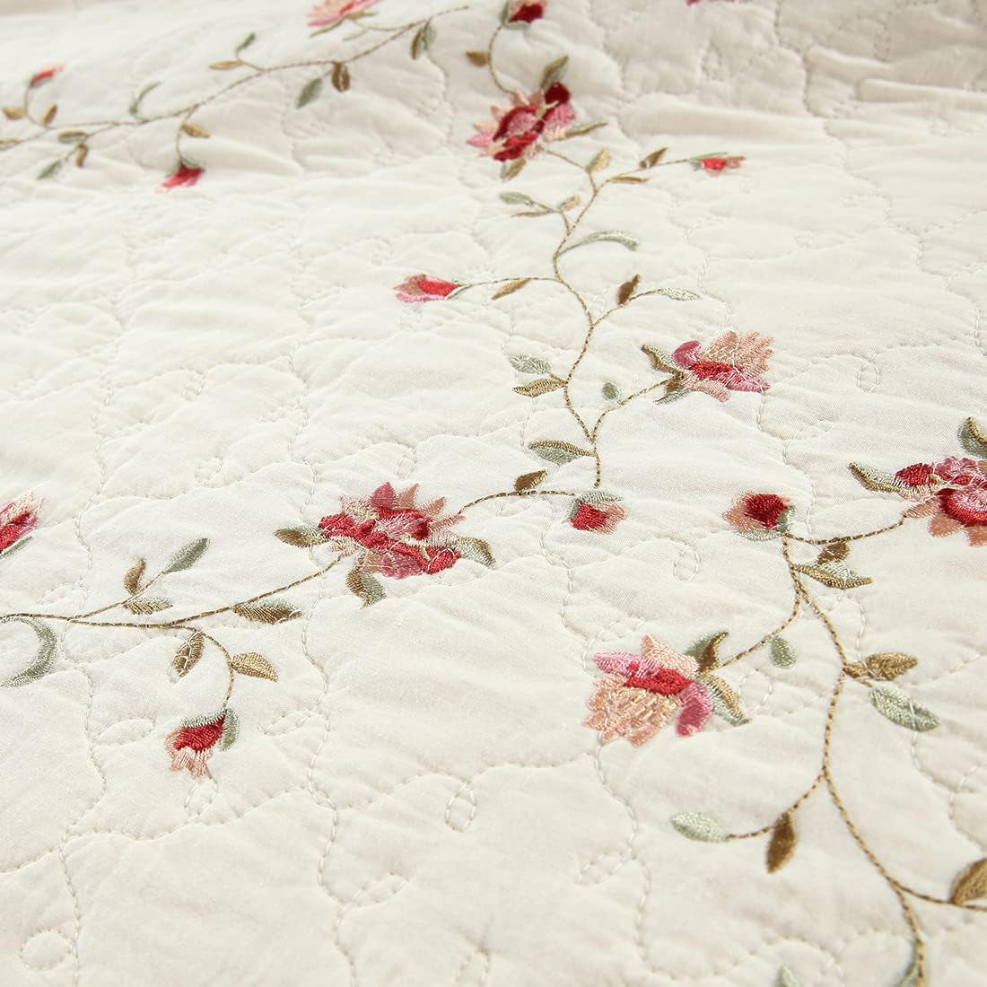 2-Piece Elegant Floral Embroidered Pillow Shams King Size 100% Cotton Quilted Decorative Pillow Shams Set (Cream,20"X36")