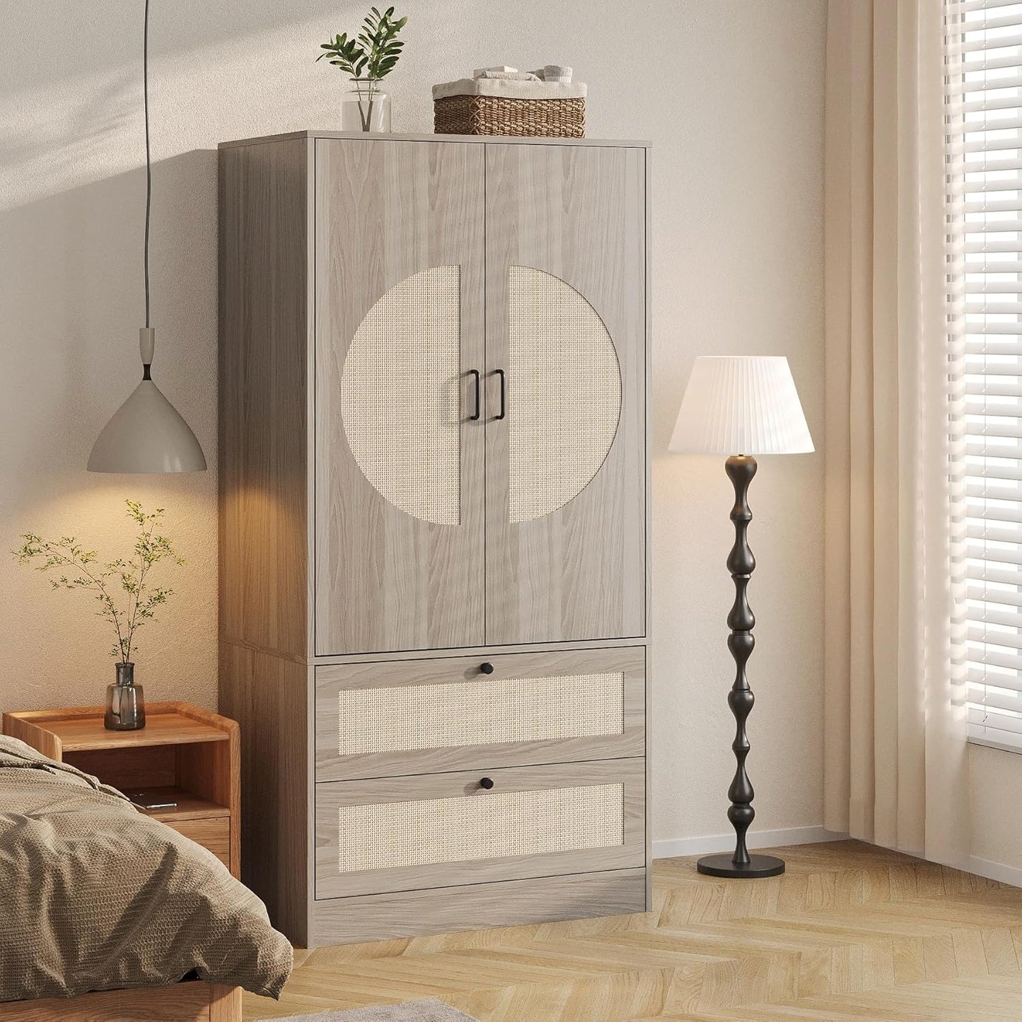 Modern Boho Wardrobe Closet Wiht 2 Drawers, 65" H Large Wooden Bedroom Armoires with Rattan Door & Hanging Rod, Freestanding Clothing Storage Cabinet for Dormitory, Apartment, Cloak Room