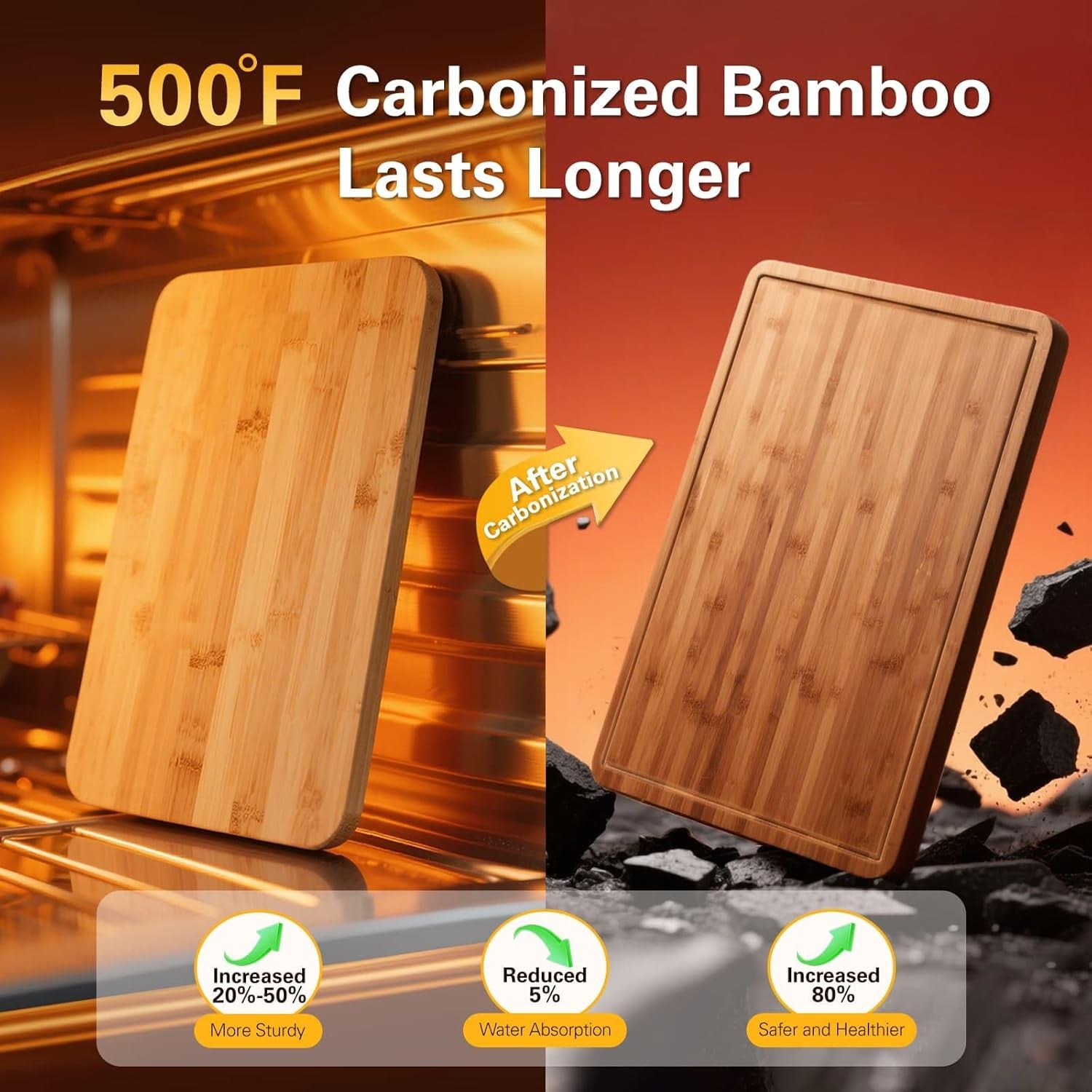 Carbonized Bamboo Cutting Boards for Kitchen, XL Durable Wood Cutting Board with Juice Grooves and Handles, Set of 3 Solid Charcuterie Board for Meal Prep & Serving (13X9.5, 14.5X10.5, 16X11.5)