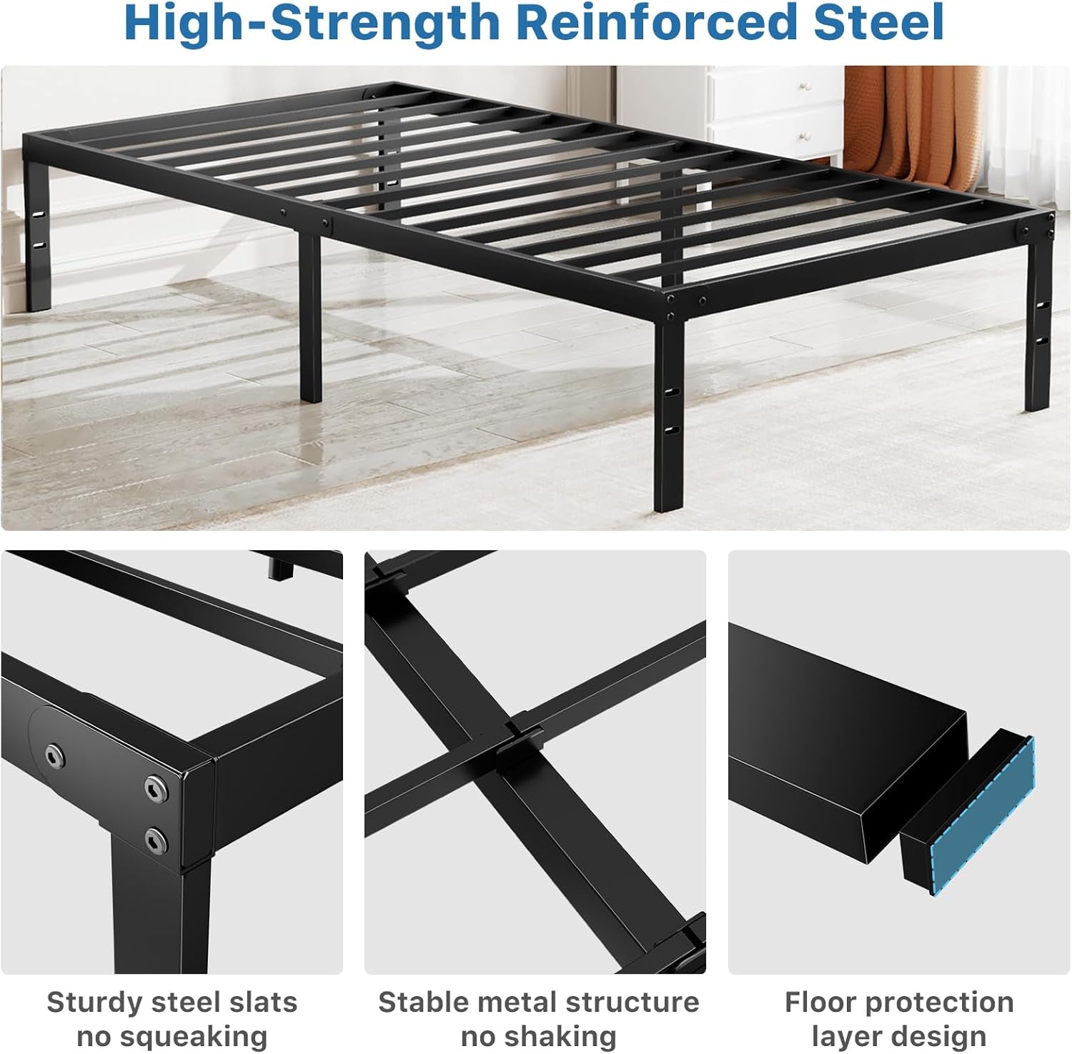 Metal King Bed Frame - 14In High with Storage Space, No Box Spring Needed with Sturdy Steel Slat Support, 2200LBS Heavy Duty for Easy Assembly, Black for Bedroom