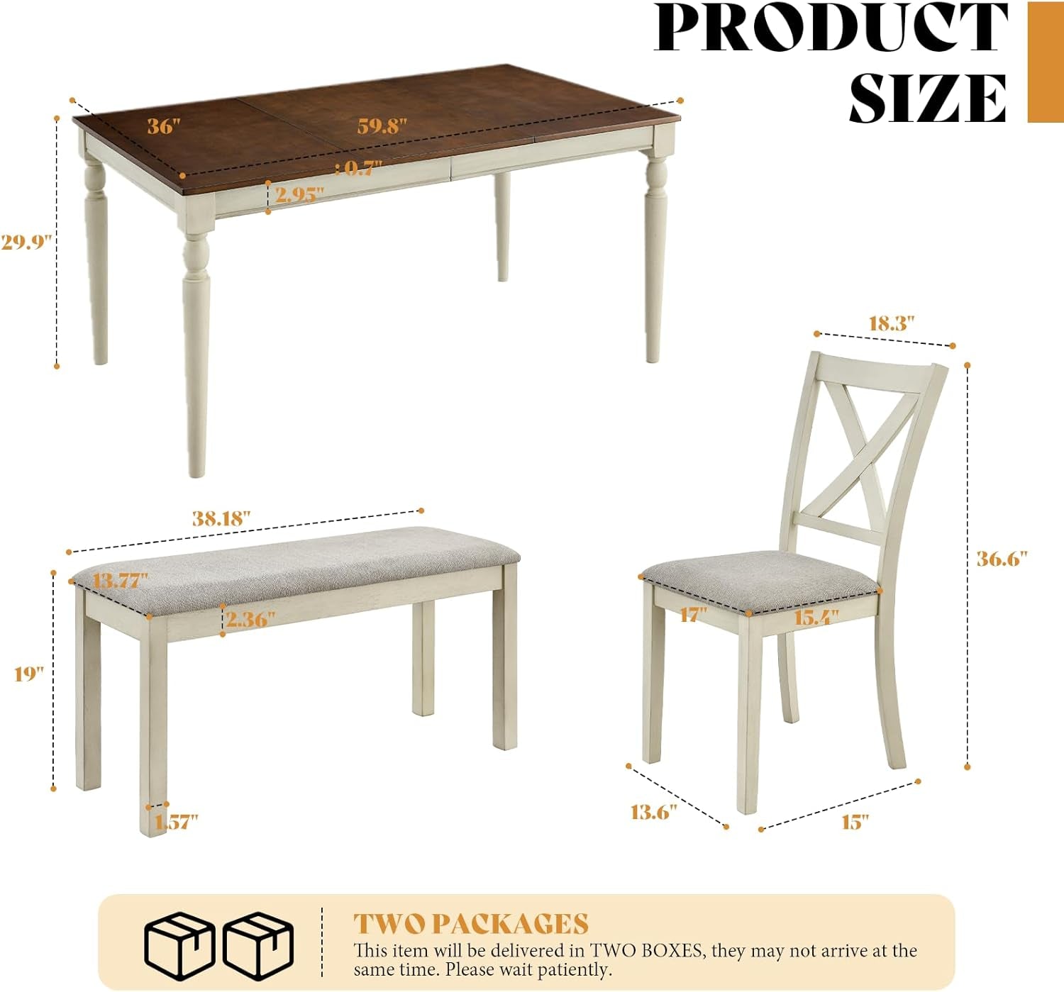 6-Piece Farmhouse Dining Table Set, 60” Solid Wood Table, 4 Upholstered Chairs and Bench, Rustic White and Walnut Finish, Seating for 6, for Kitchen or Dining Room