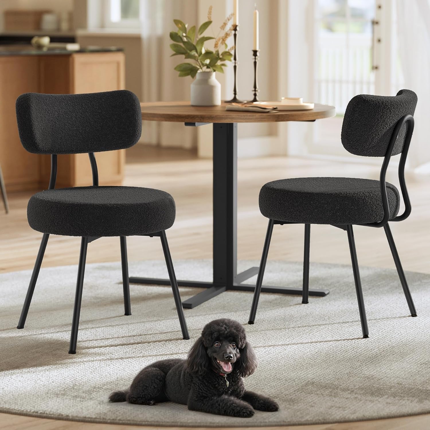 Boucle Dining Chairs Set of 2, Upholstered Kitchen Dining Room Chairs with Curved Backrest and Steel Frame, Modern Mid Century, Round, for Vanity, Living Room, Ink Black UKDC110B01