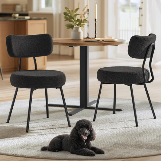 Boucle Dining Chairs Set of 2, Upholstered Kitchen Dining Room Chairs with Curved Backrest and Steel Frame, Modern Mid Century, Round, for Vanity, Living Room, Ink Black UKDC110B01