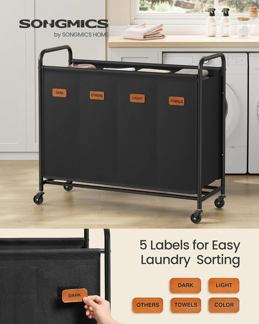 4-Section Laundry Sorter, Laundry Hamper with Wheels, Rolling Clothes Hamper Cart with Large Capacity and Removable Bags, for Laundry Room, Bedroom, Bathroom, Ink Black URLS460B01