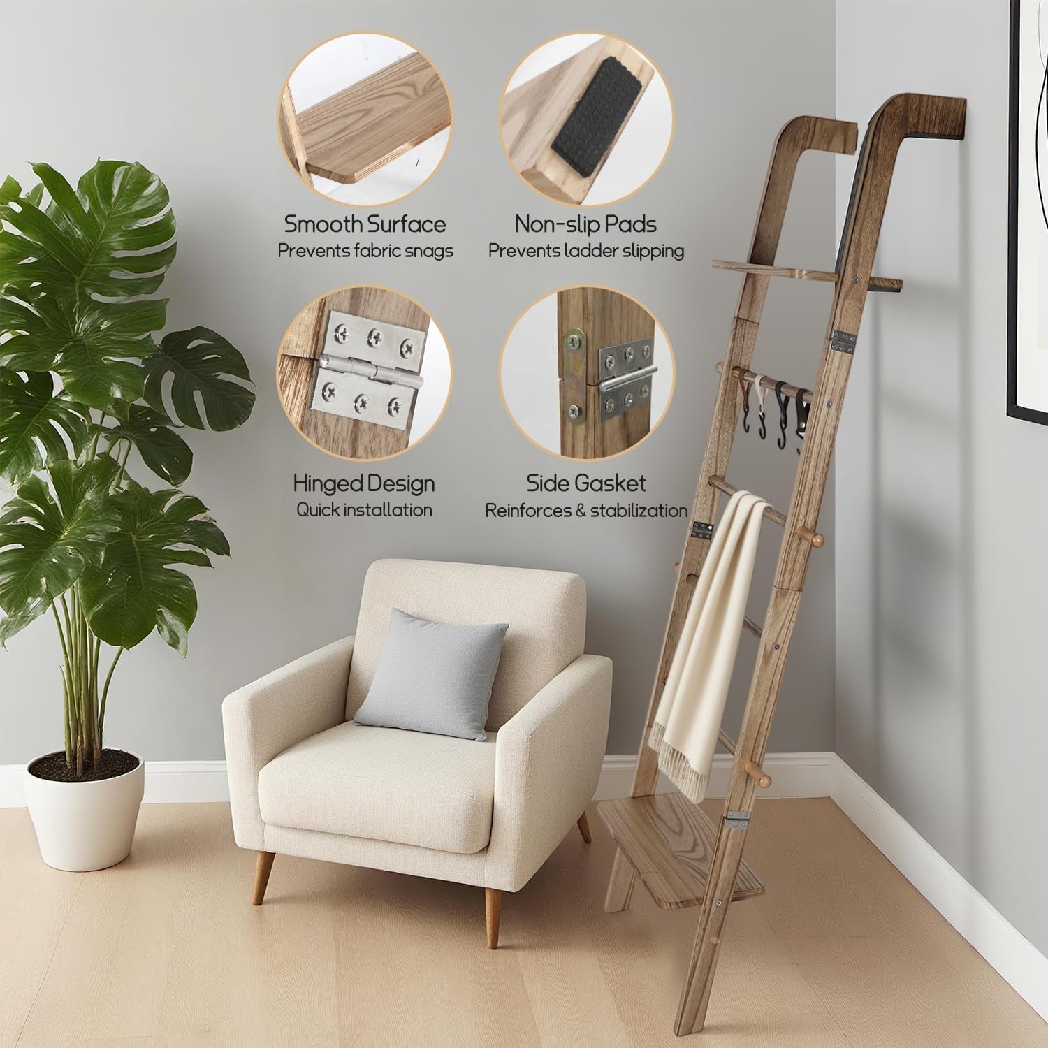 Wooden Ladder with Shelf for Room Decor, 6-Tier Decor Ladder with Non-Slip Mat & Hooks, Farmhouse Style Leaning Wall Display Holder