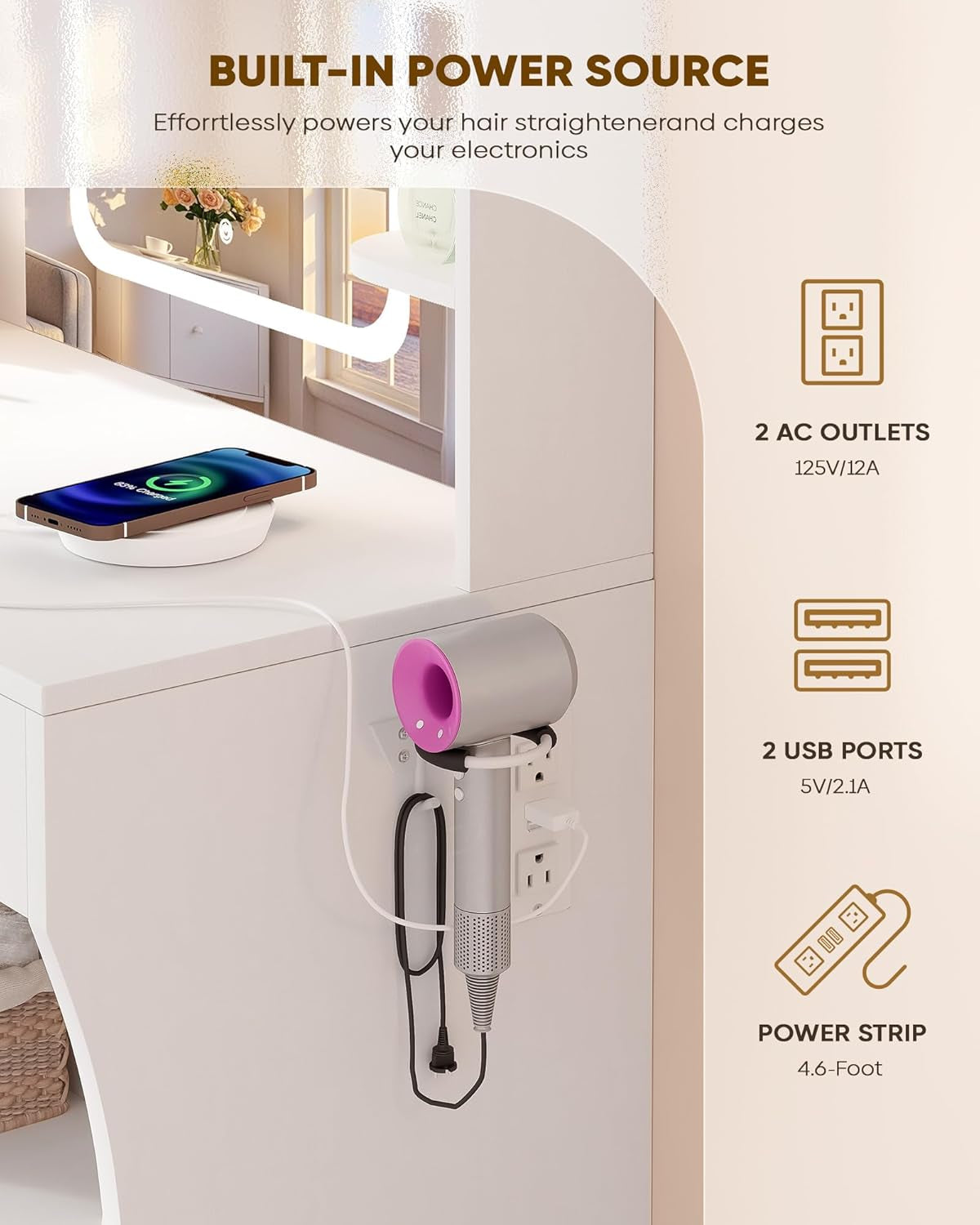 Small Makeup Vanity Desk, 29.5" W X 15.8" D X 51.2" H, White (Smart LED Mirror, Hairdryer Rack, Power-Outlet, 5 Shelves, 2 Drawers)