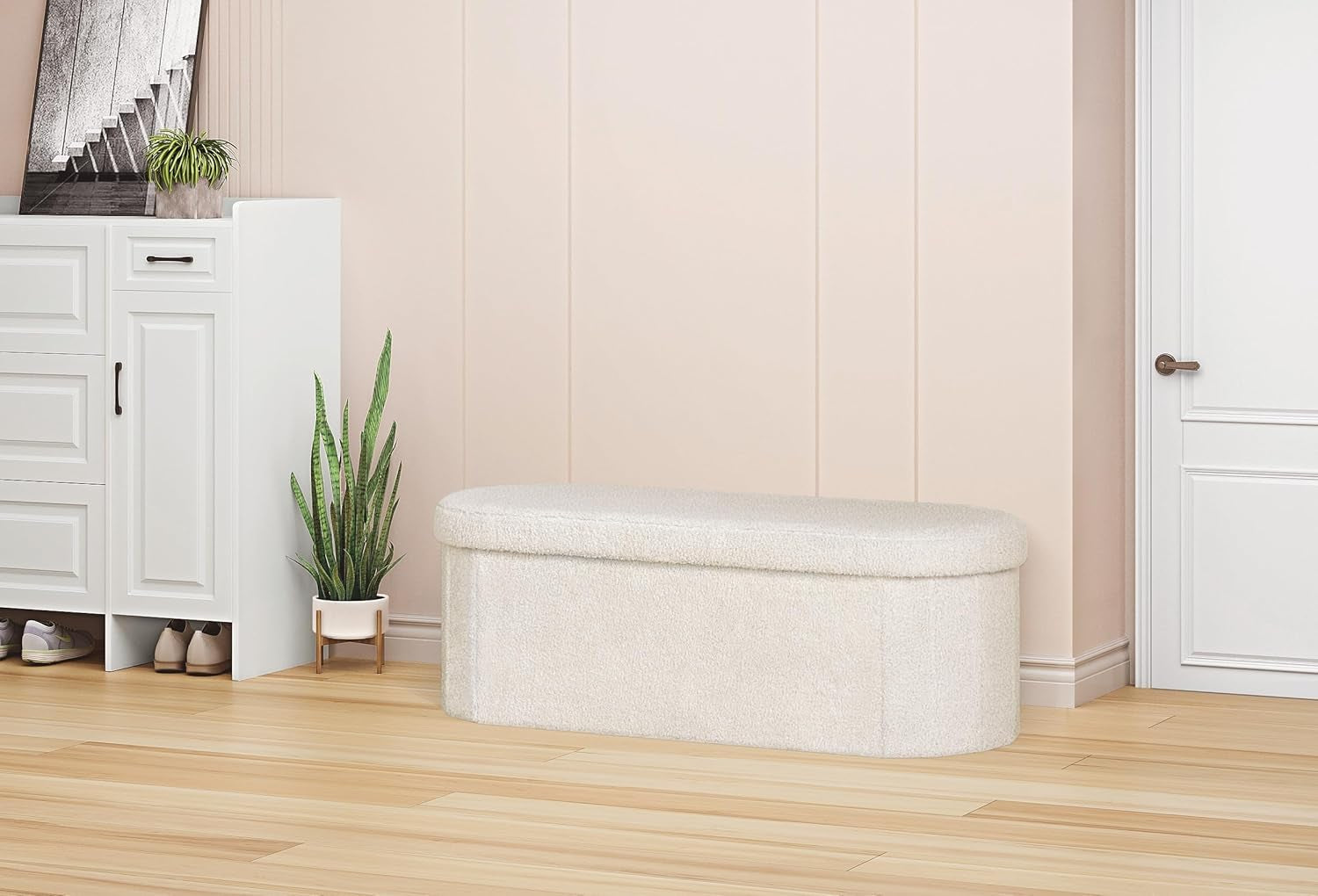 Storage Ottoman Bench Tufted Oval Ottomans Bench Foot Rest, Chest Box Velvet Bench with Storage, 43"X15"X15" (White)