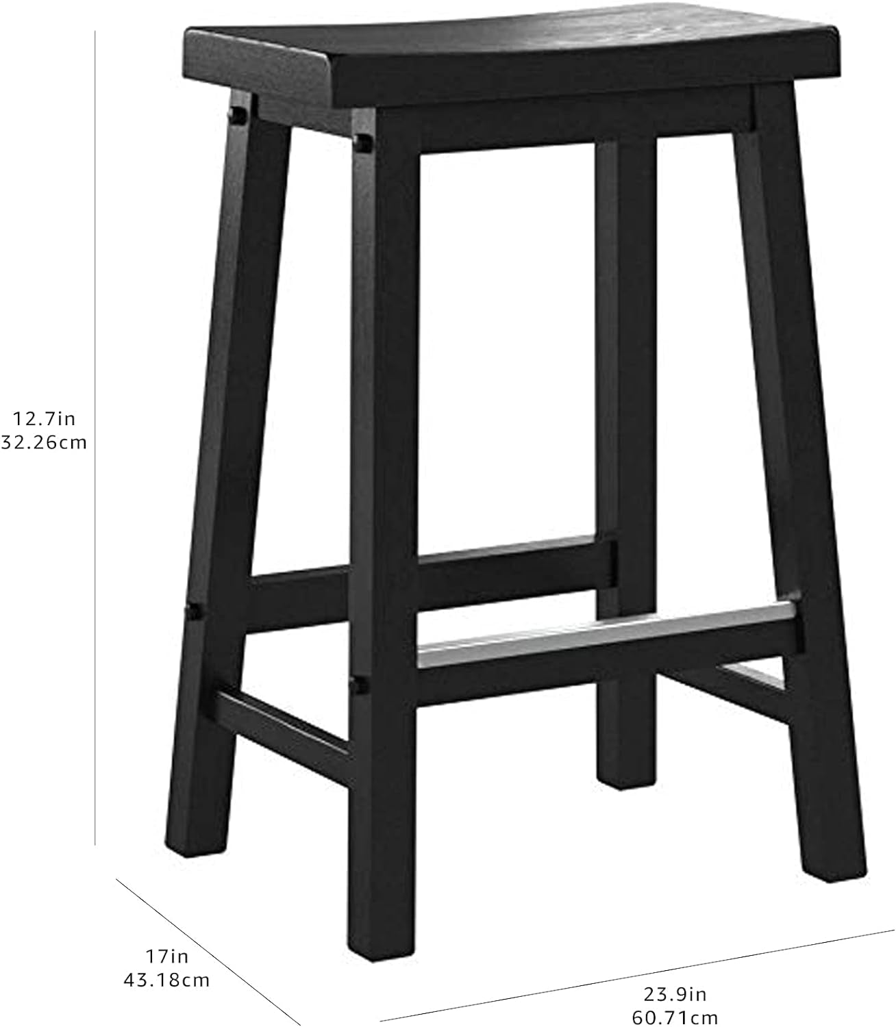 Solid Wood Saddle-Seat Kitchen Counter Barstool with Footrest, Easy Assembly - 24-Inch Height - Black - Set of 2