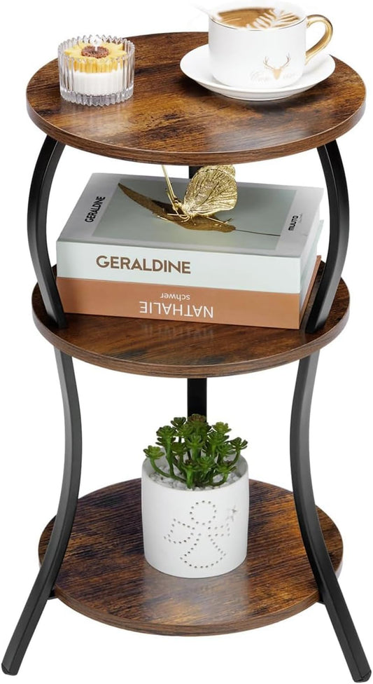 Vintage Small round Side Table, 3-Tier Slim Waist Circular End Table with Storage Shelf, Compact Tea Sofa Table, round Corner Coffee Table Nightstand for Living Room Bedroom Small Spaces,Rustic Brown