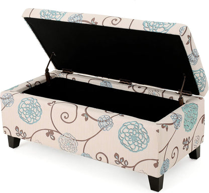 Breanna Fabric Storage Ottoman, White and Blue Floral
