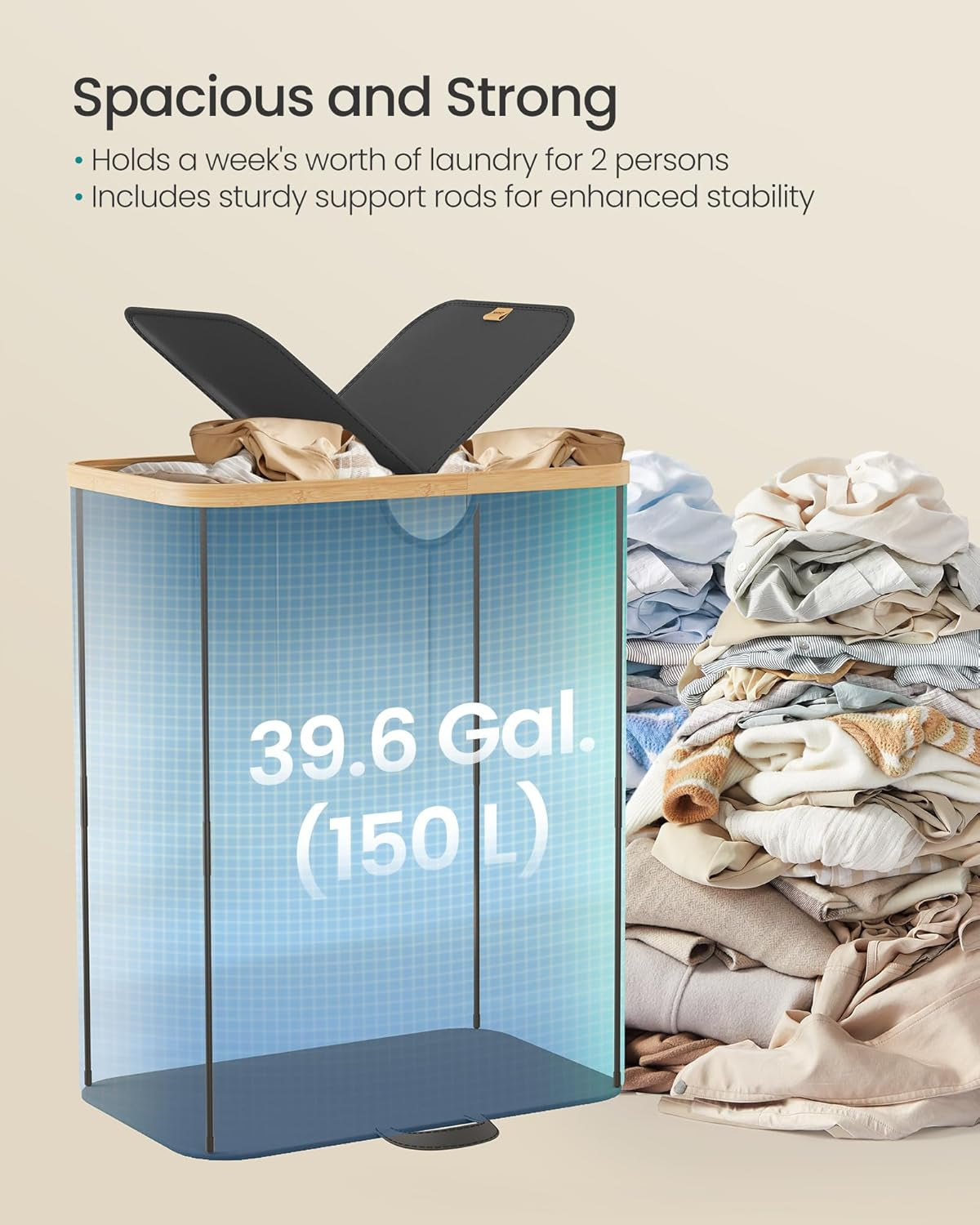Laundry Hamper with Lids, Laundry Basket with 2 Compartments, 39 Gal. (150 L), Removable Liner Bag, for Laundry Room, Bedroom, Living Room, Ink Black and Light Bamboo ULCB523B01