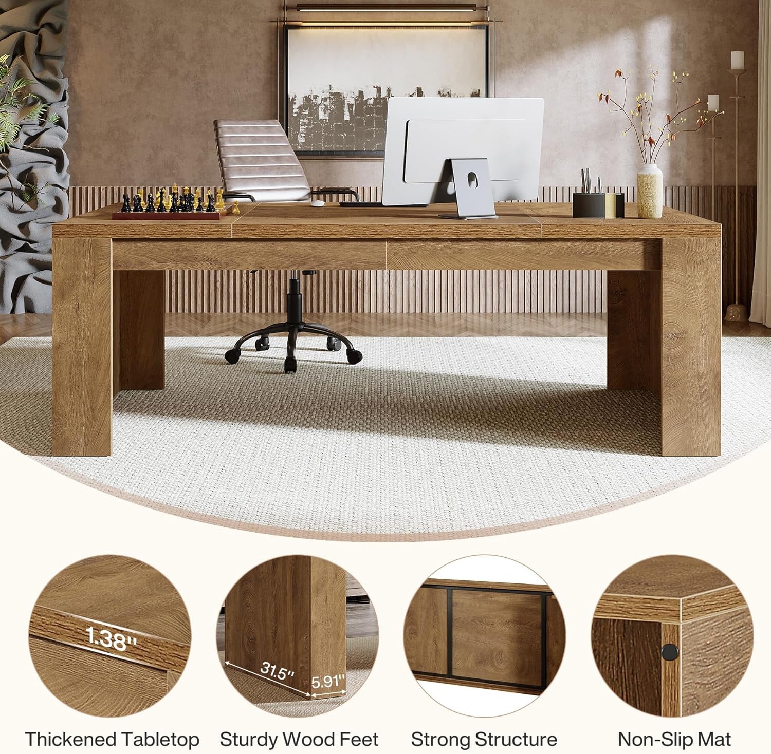 70.9-Inch Executive Desk, Large Wooden Computer Office Desk with Sturdy Double Pedestal Legs, Writing Table Business Workspace Home Office Furniture for Home Office (Brown)