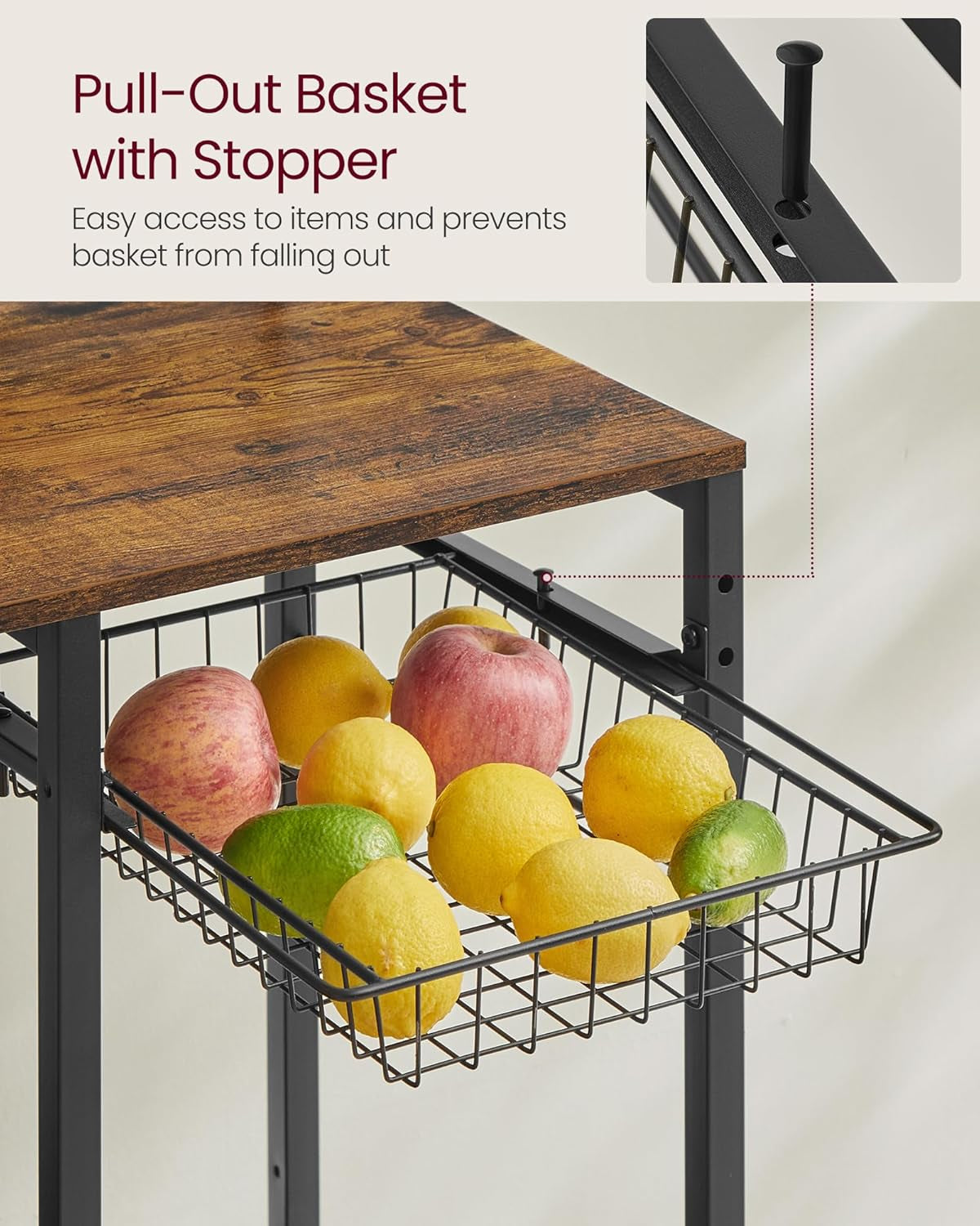 Bakers Rack with Power Outlet, 35.4 Inches Microwave Stand, Coffee Bar, 4 AC Outlets, with Adjustable Shelves, 8 S-Hooks, Basket, Spice Racks, Heather Greige and Ink Black UKKS031K02