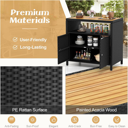 Wicker Outdoor Bar Cabinet - PE Rattan Patio Bar Table W/Acacia Wood Countertop, Open Shelf & 2 Doors, Buffet Sideboard Organizer for Garden Backyard Pool, outside Storage Cabinet (Black)