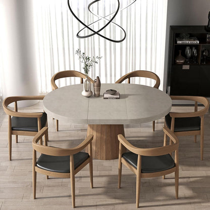 round Extendable Dining Table with Pedestal Base, 39"-55" Expandable Dining Room Table Oval Kitchen Dinette Table for 4-6 (Gray & Walnut)