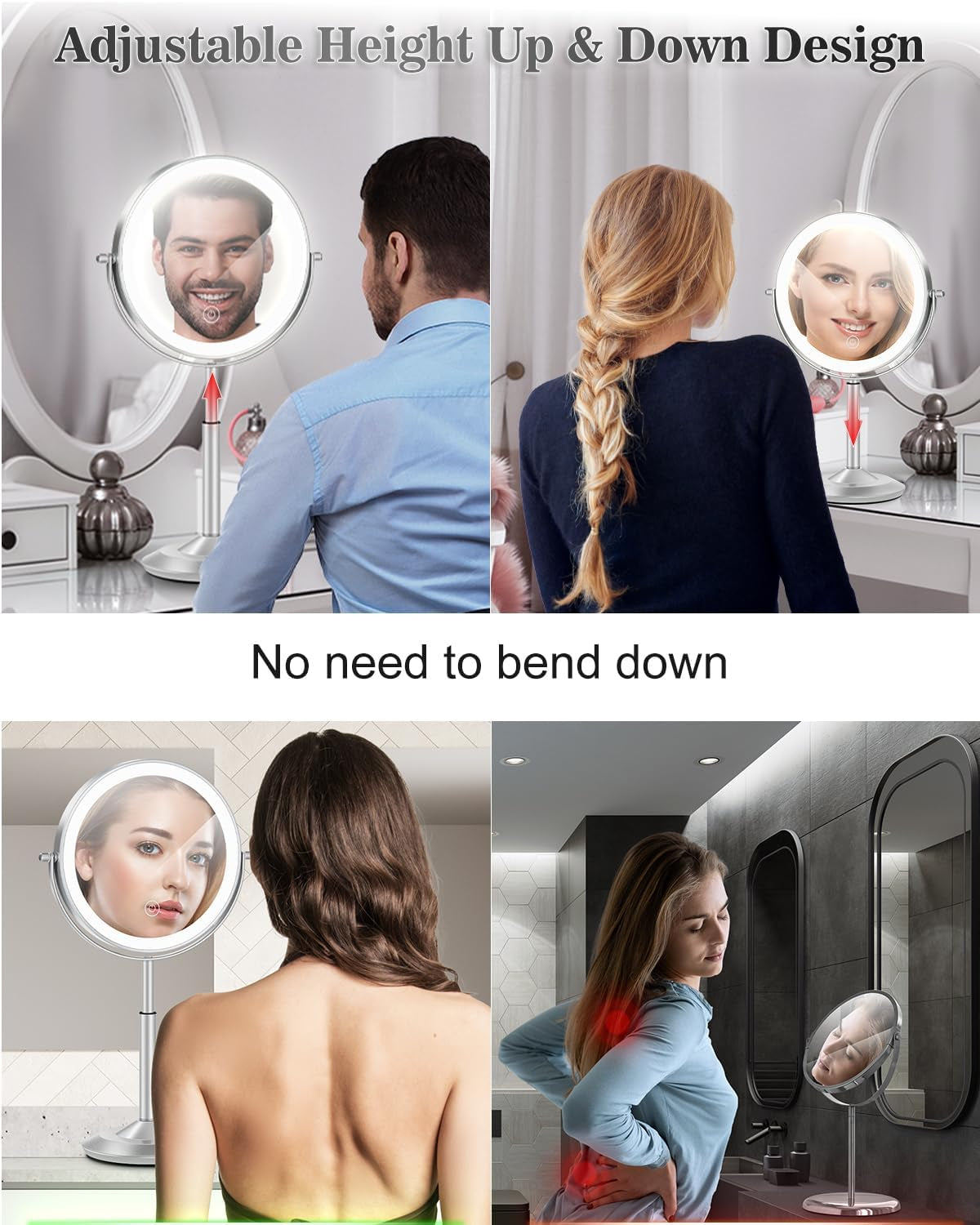 Makeup Mirror with Lights, 1X/30X Lighted Magnifying Mirror Height Adjustable, 3000Mah Rechargeable Double Sided Vanity Mirrors with 3 LED Lighting and Adjustable Brightness for Desk Women Gift