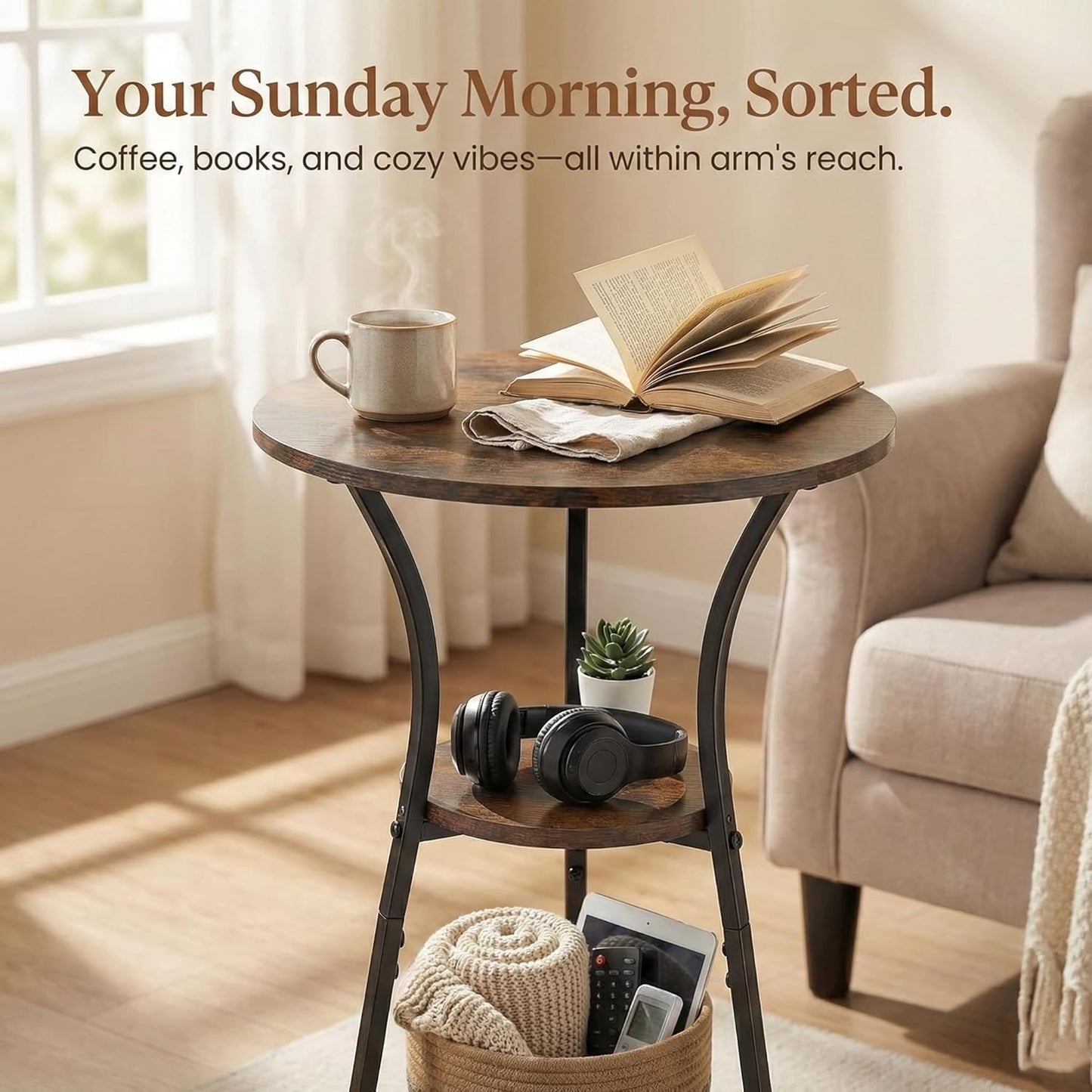 Small round End Table for Narrow and Small Space, 3-Tier round Accent Couch beside Table, Modern Side Table Corner Sofa Table Nightstand for Living Room Bedroom
