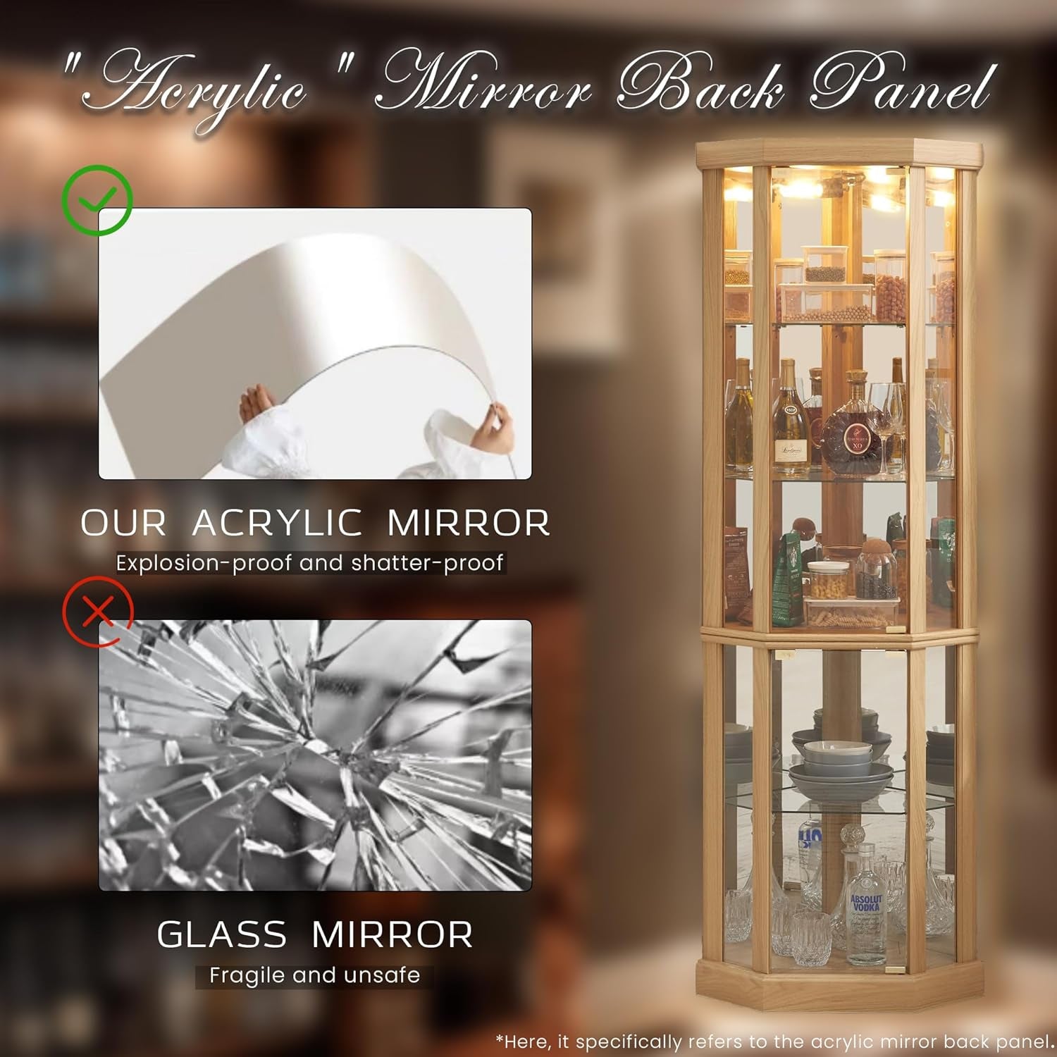 Corner Curio Cabinet, 70" H Lighted Glass Display Cage with Tempered Glass Doors and 5 Adjustable Shelves, Light Bulb Inclued, Wine Bar China Cabinet for Living Room (Light Oak)