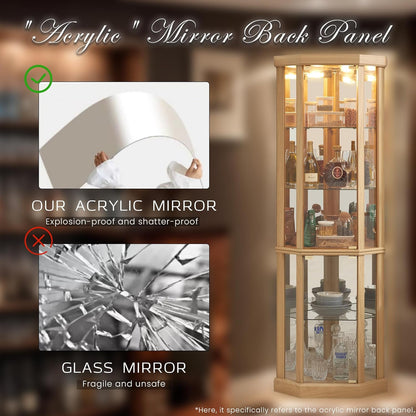 Corner Curio Cabinet, 70" H Lighted Glass Display Cage with Tempered Glass Doors and 5 Adjustable Shelves, Light Bulb Inclued, Wine Bar China Cabinet for Living Room (Light Oak)