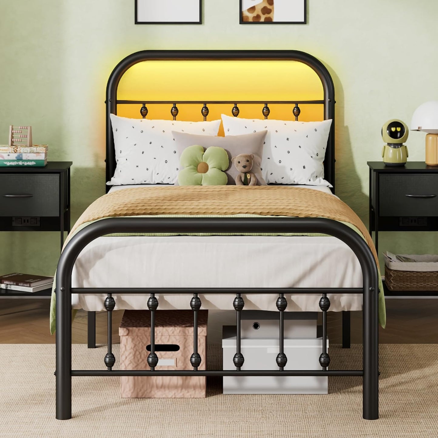 Twin Bed Frame, Twin Size Bed Frames with LED Lights and Charging Station, Metal Bed Frame with Headboard, No Box Spring Required,Easy Assembly,Black