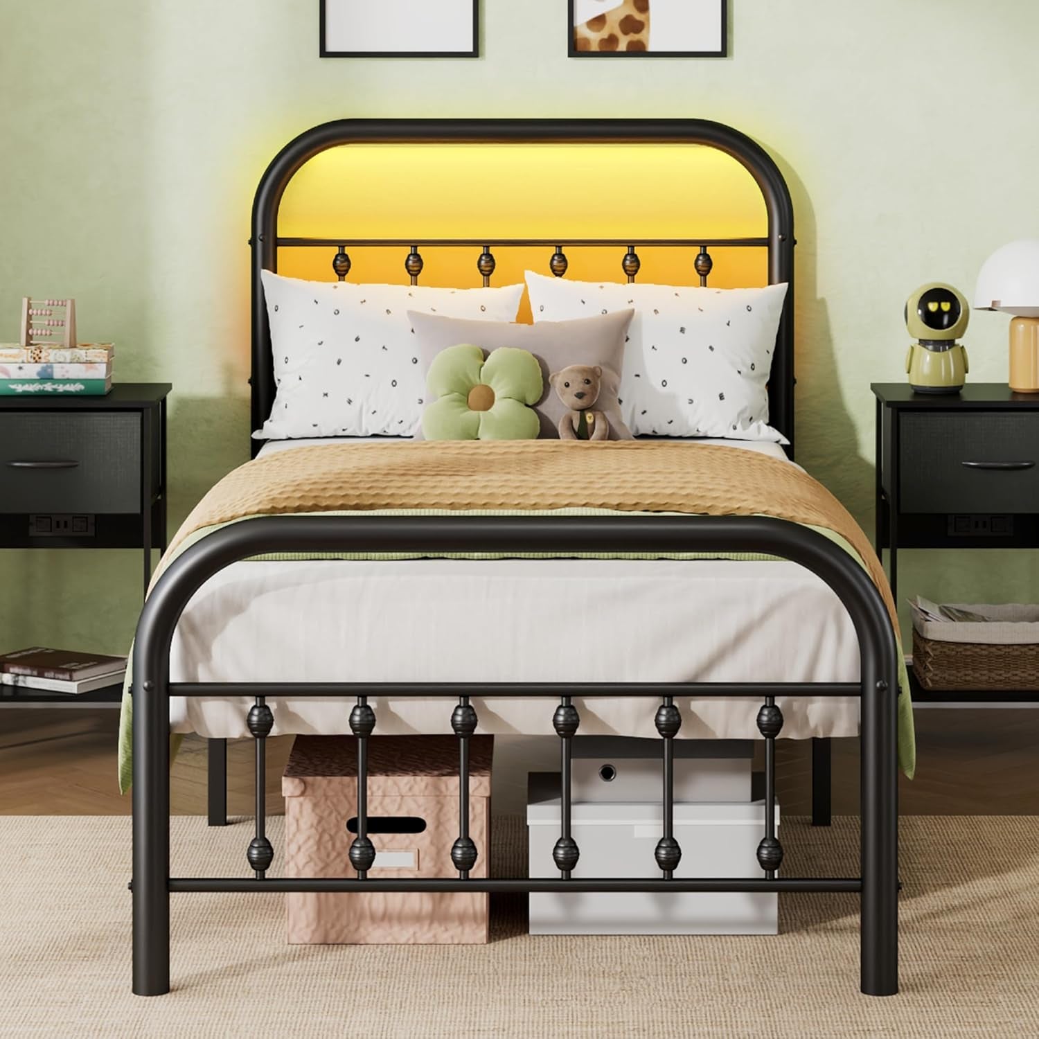 Twin Bed Frame, Twin Size Bed Frames with LED Lights and Charging Station, Metal Bed Frame with Headboard, No Box Spring Required,Easy Assembly,Black